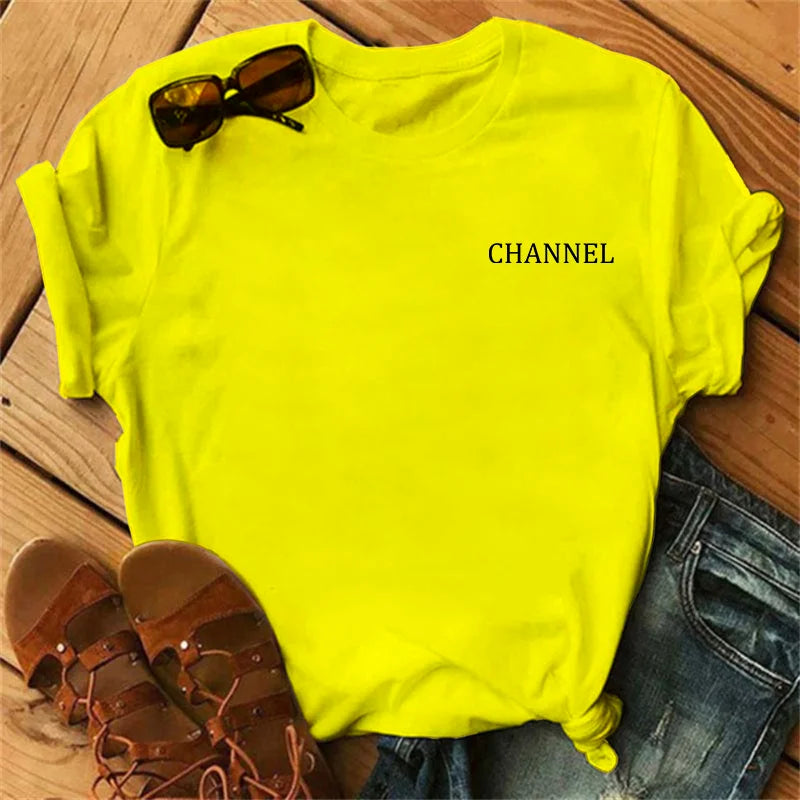 100% pure cotton summer loose-fitting CHANNEL letter print casual fitted round-neck short-sleeve t-shirt top