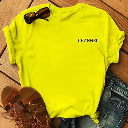 100% pure cotton summer loose-fitting CHANNEL letter print casual fitted round-neck short-sleeve t-shirt top