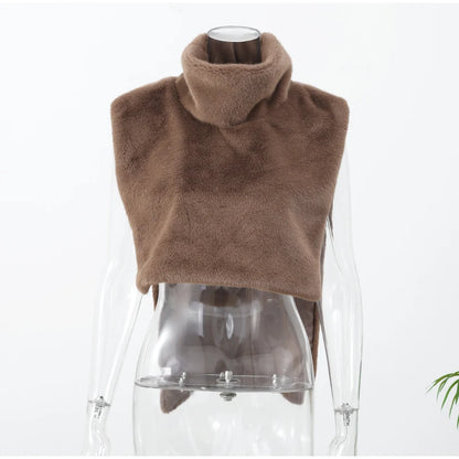 Solid Faux Fur Vest Crop Top Women Fashion Turtleneck Fluffy Short Tank Tops 2025 Winter Female Elegant Sleeveless Jacket Coat
