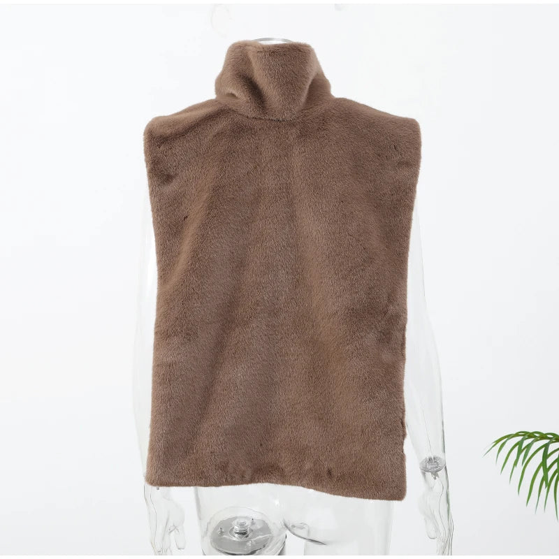 Solid Faux Fur Vest Crop Top Women Fashion Turtleneck Fluffy Short Tank Tops 2025 Winter Female Elegant Sleeveless Jacket Coat