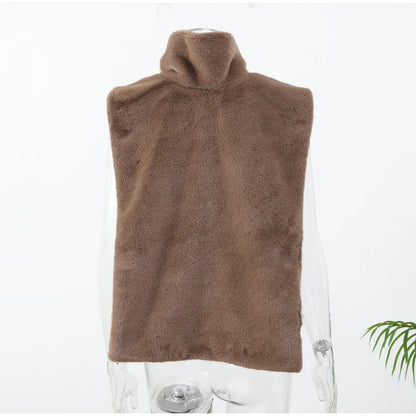 Solid Faux Fur Vest Crop Top Women Fashion Turtleneck Fluffy Short Tank Tops 2025 Winter Female Elegant Sleeveless Jacket Coat