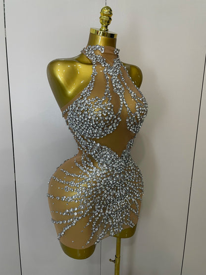 STOCK Sparkly Rhinestones Sexy Mesh See Through Dress Party Evening Prom Celebrate Birthday Dress Singer Dancer Show Stage Wear