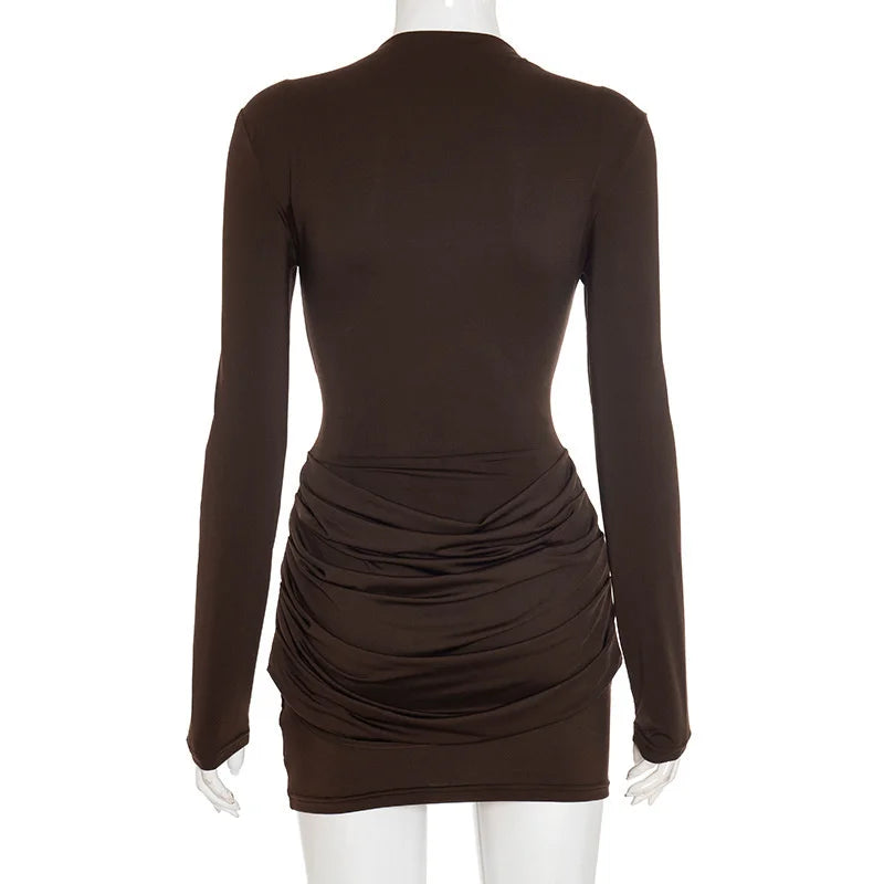 Mozision Long Sleeve Ruched Sexy Mini Dress Women Autumn Winter New Elegant High Waist Bodycon Club Party Dresses Female