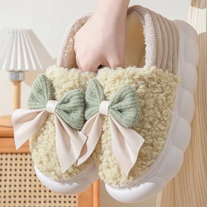 Cotton slippers for Women Autumn and Winter Thick Sole Indoor Home Warm Couples Shoes Bow Non-Slip Flat Platform Women's Slipper