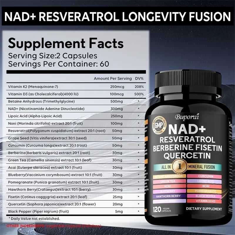 NAD+, Resveratrol, Quercetin, Berberine Fisetin-Cellular Health, Healthy Aging, Vitamin K2, Vitamin D3, One-stop Approach,1000mg