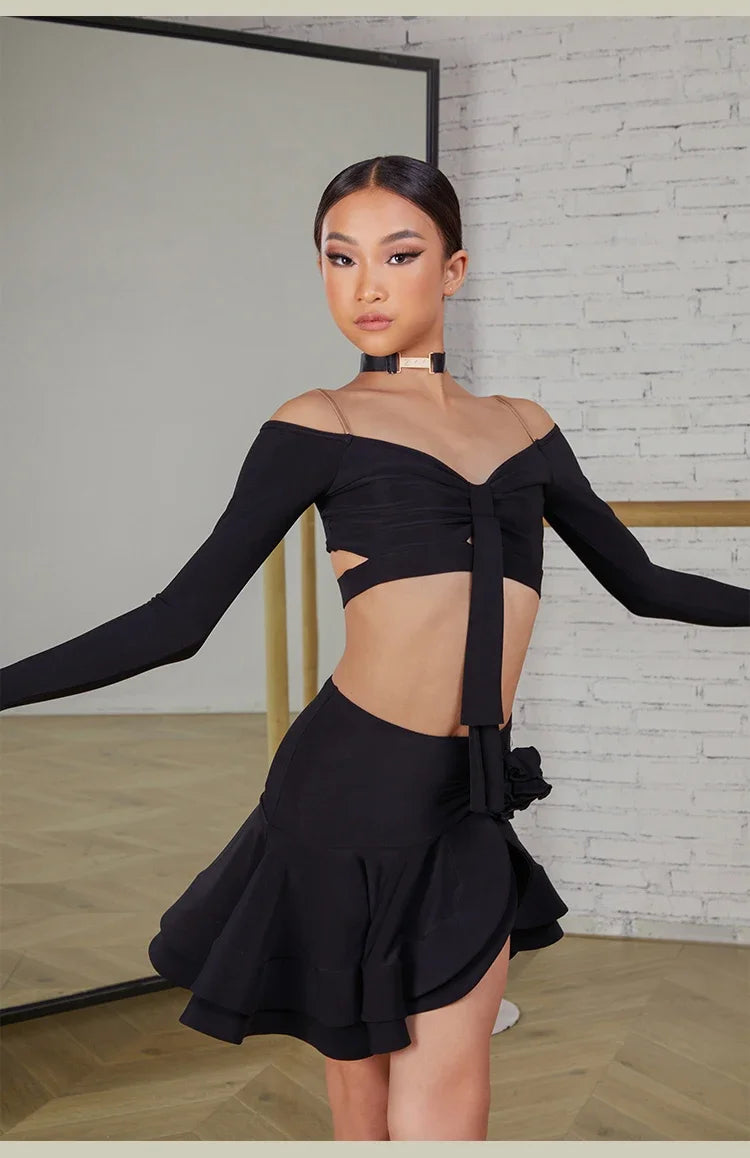 Latin Dance set Clothes Girls Long SLeeves Short Top Skirt Cha cha samba Performance Competition Dress Burgundy Black Dress Kids