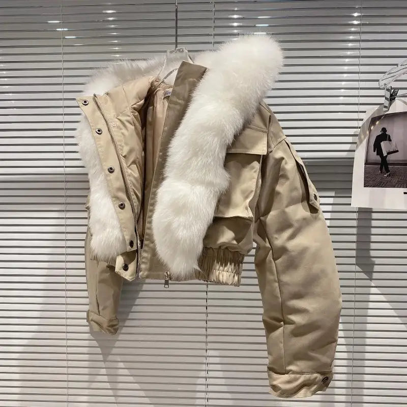 Big Fox Fur Collar Removable Rabbit Liner Short Coat Jacket for Women Winter Elastic Hem Hooded Jackets Wram Fashion Outwear
