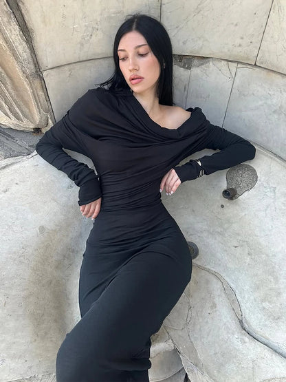 Sisterlinda Casual Hooded Long Dresses Woman Autumn Trend Swing Collar Full Sleeve Skinny High Stretch Solid Elegant Vestidos