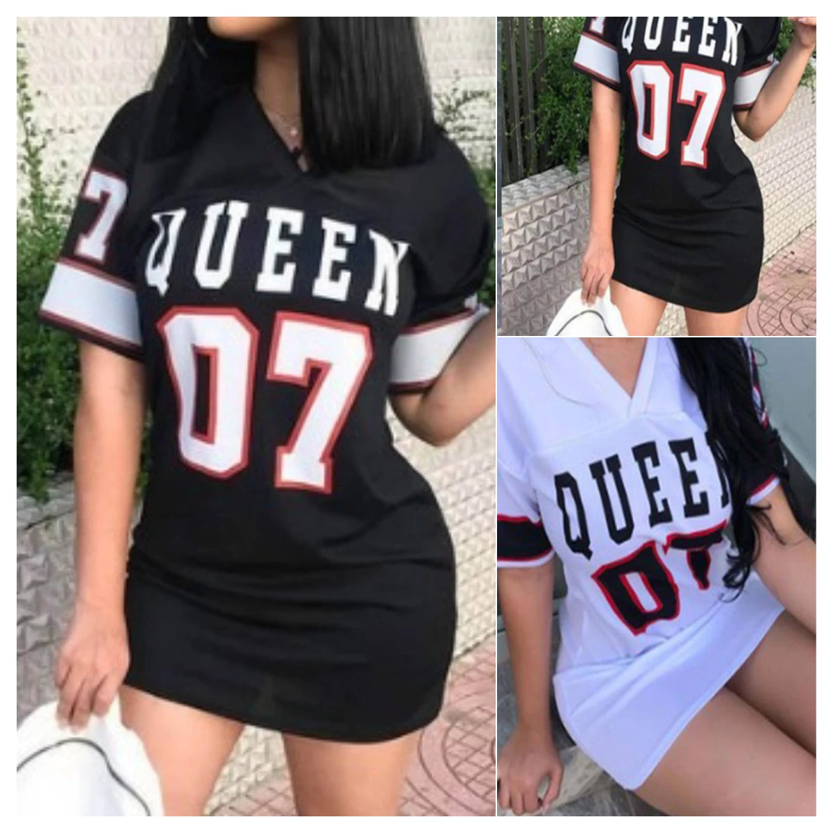 Fashion V-Neck Queen Letters Print Dress Short Sleeve Basketball Sporty Style Sexy Loose Female Clothing Streetwear Loungewear