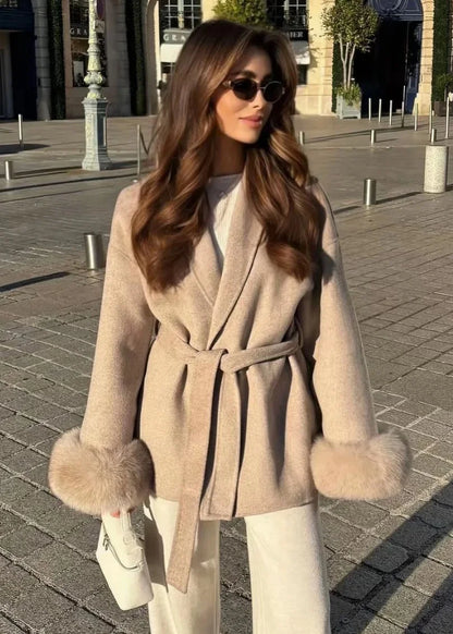 Elegant Lace Up Woolen Short Coat Solid Loose Lapel Furry Belt Long Sleeve Jacket Female 2025 Autumn Winter Lady Chic Cardigan