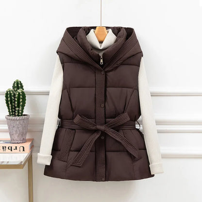 Women's Quilted Puffer Vest Thicken Warm Winter Hooded Coat Solid Color Sleeveless Padded Outwear Cropped Button Zip Up Coat