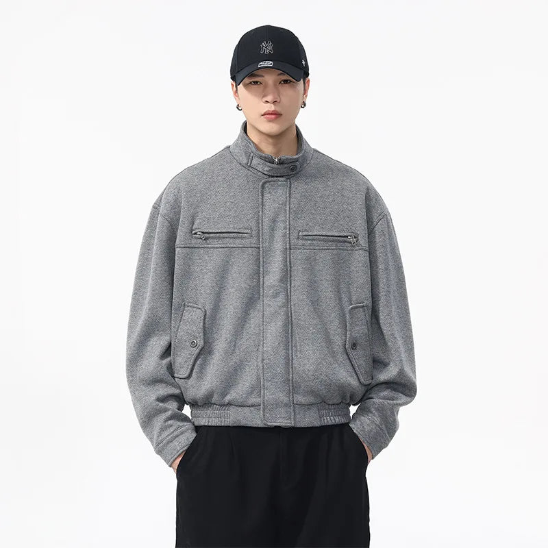 Autumn Winter Woolen Bomber Jacket Men Stand Collar Vintage Fashion Loose Casual Short Cargo Jacket Korean Streetwear Coat