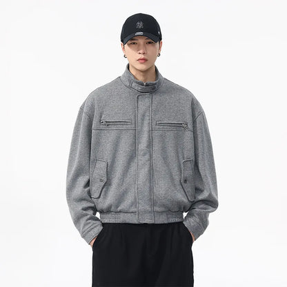 Autumn Winter Woolen Bomber Jacket Men Stand Collar Vintage Fashion Loose Casual Short Cargo Jacket Korean Streetwear Coat