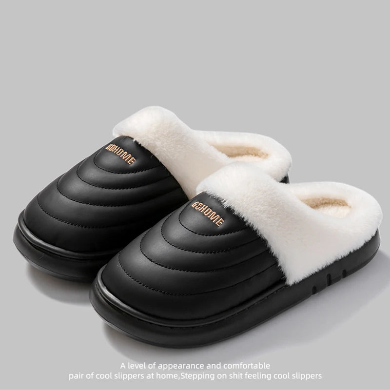 Plus Size 48-49 Waterproof Women's Home Slippers Flat Heel Non Slip Cotton Slippers Woman Faux Fur Warm Living Room Shoes Female
