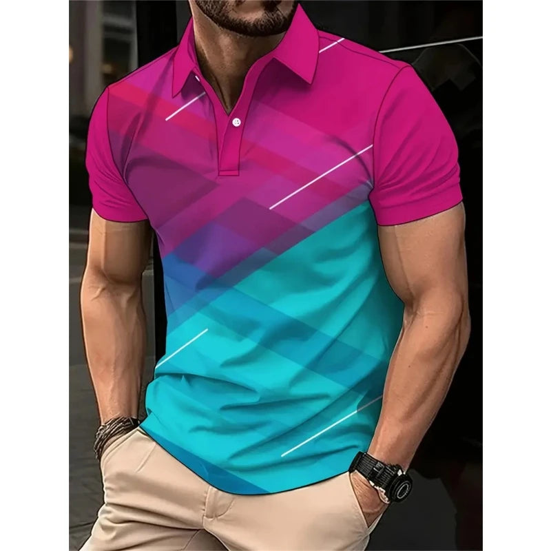 New 3D Printed Colorful Striped Man Polo Shirts Geometric Color Block Pattern Men's Clothes Shirt Casual Lapel Short Sleeve Tops
