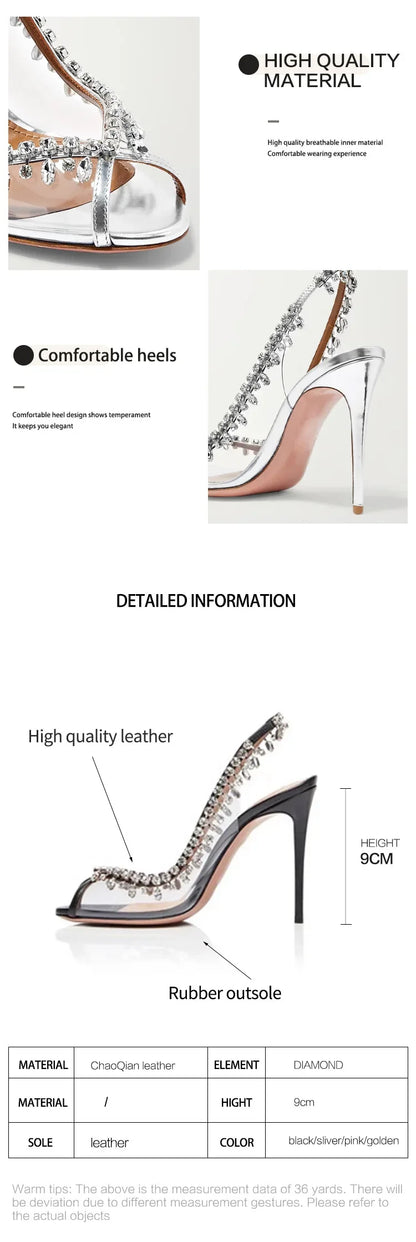 Silver Pink PVC Clear Heeled Sandals Women Pumps Sexy Rhinestones Thin High Heels Shoes Pointed Toes Party Nightclub Sandals