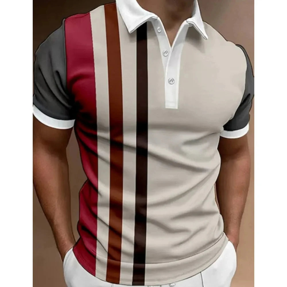 Men's Button Polo Shirt Collar Short-sleeved Pullover Sports Summer Casual Button Striped Collar Trend T-shirt Tops