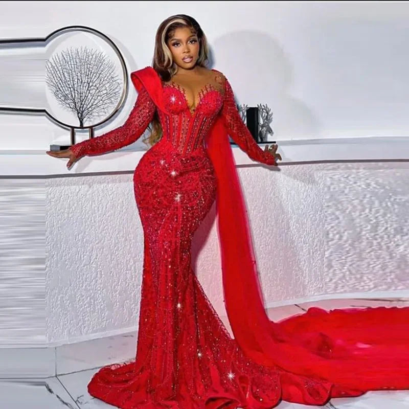 Luxurious Sparkling Mermaid Lace Beaded Party Evening Dress Sexy V-Neck Long Sleeve Sweeping Train Formal Ball Dress Customized