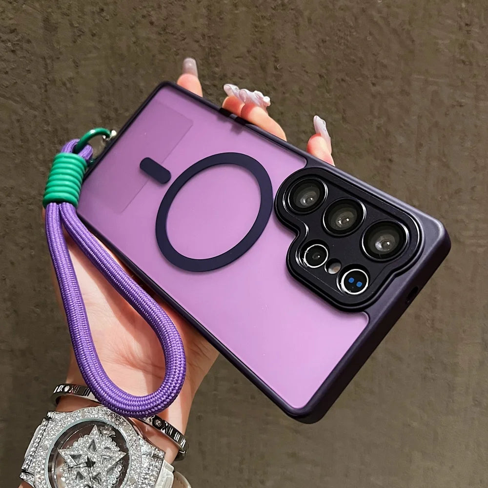 Wrist Strap Cord Magnetic Matte Translucent Armor Case For Samsung S25 Ultra S24 FE S23 Plus For Magsafe Wireless Charge Cover