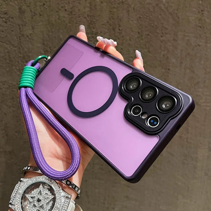 Wrist Strap Cord Magnetic Matte Translucent Armor Case For Samsung S25 Ultra S24 FE S23 Plus For Magsafe Wireless Charge Cover