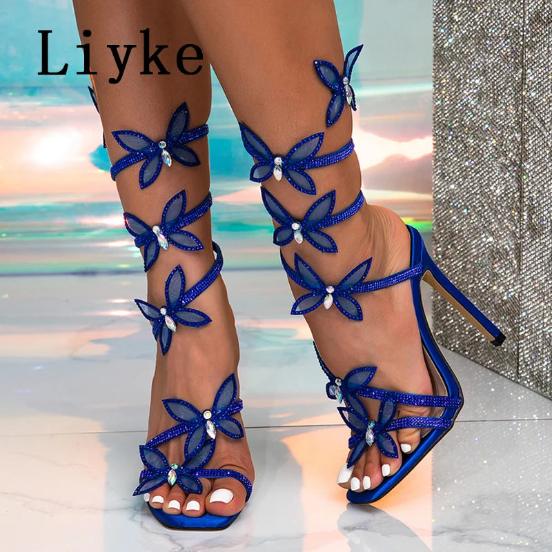 Liyke Fashion Glitter Rhinestones Women Sandals Crystal Butterfly Square Toe Wedding Party Stripper Shoes High Heels Black Blue