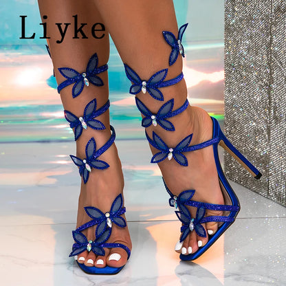Liyke Fashion Glitter Rhinestones Women Sandals Crystal Butterfly Square Toe Wedding Party Stripper Shoes High Heels Black Blue