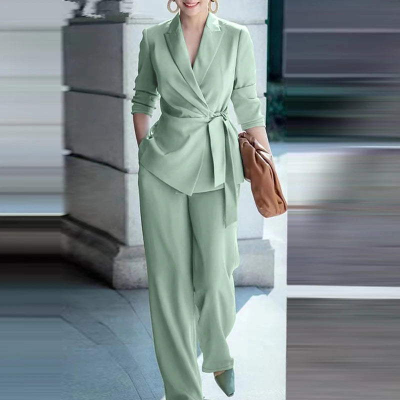 ZANZEA Elegant Office Lady Blazer Suits Women Classy Tied Waist Top and Pant 2pcs Outfit Streetwear Trend Commute Pant Sets 2025