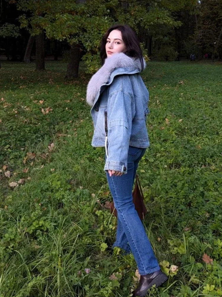 Womens Coats Spring New 100%Natural Real Fox Fur Collar Fashion Short Denim Jacket Luxury Goose Down Puffer Jackets Clothing