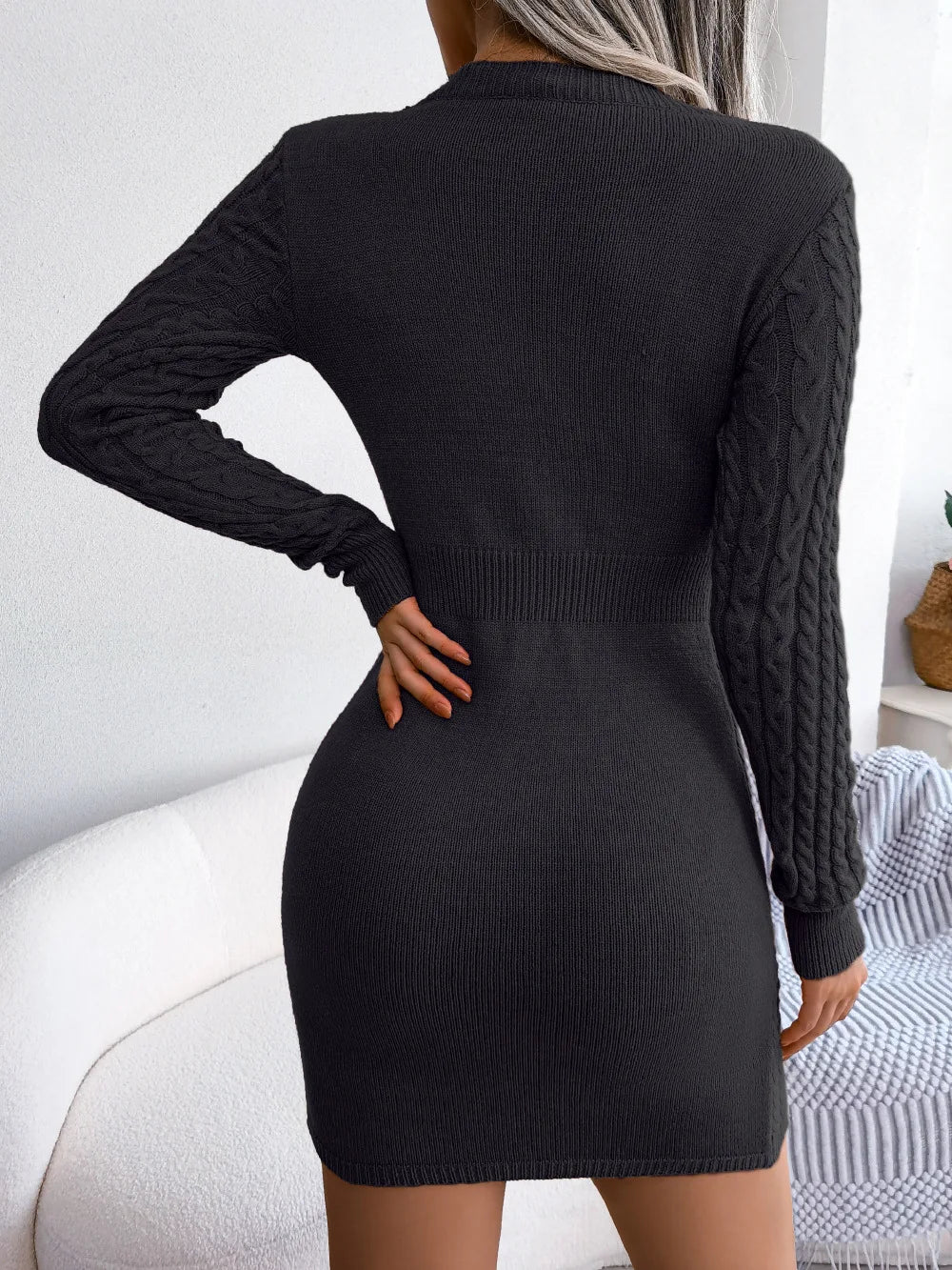 VigoCasey 2025 Blue Casual Short Knit Dress Autumn Winter Women Long Sleeve Dress Sexy Lady Solid Hollow Bodycon Knitted Dresses