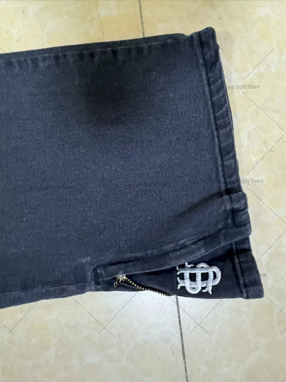 Y2K Cuffed Zipper Embroidered Wide-Leg Jeans Street Gothic Hip-Hop Loose-Fit Fashionable Men's Jeans Trendy Versatile Denim Pant