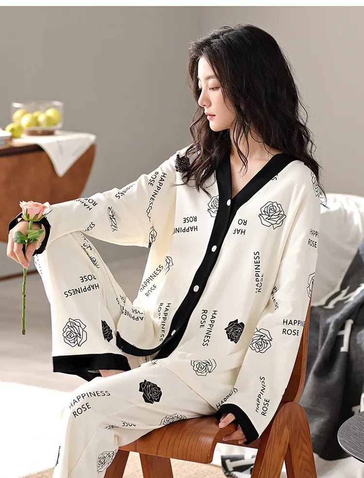 Women Spring and Fall Two-Piece Pajamas Cardigan Long-Sleeved Long Pants Thin Section Polka Dot Printing Maternity Homewear