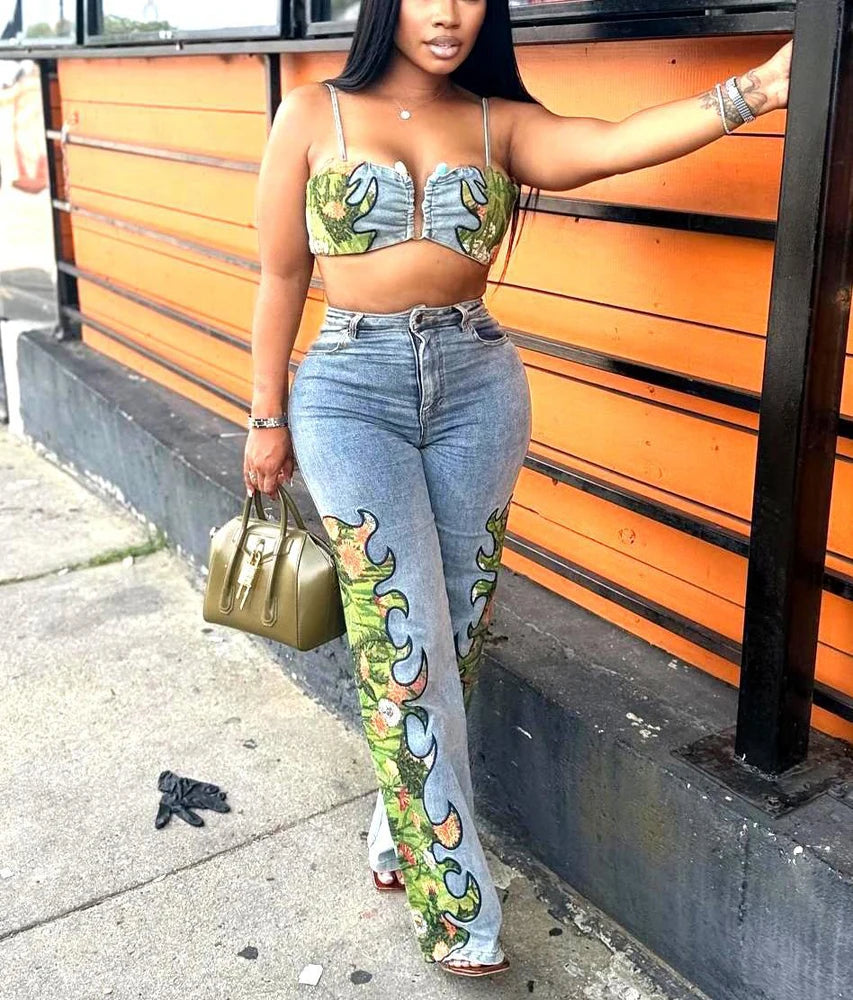 Sexy Denim Woman Fashion Floral Printed and Wide Leg Jeans Pants 2026 Street Wear