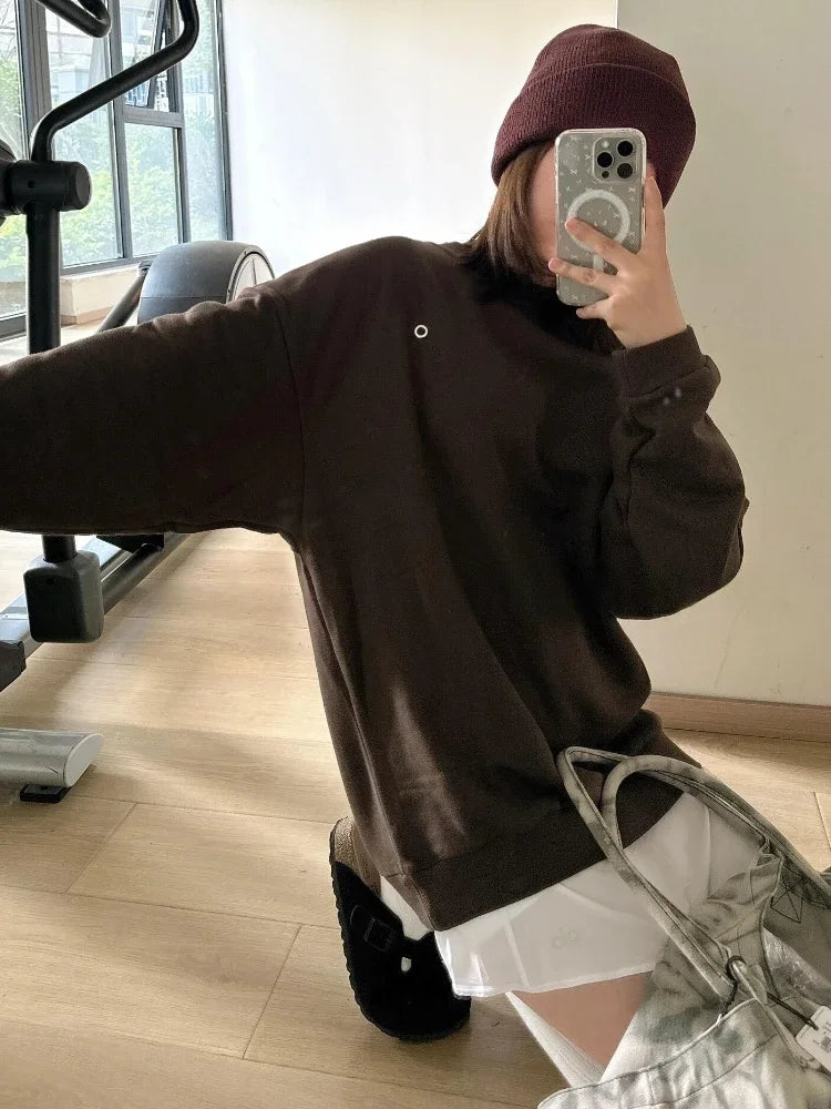 Black Loose Sports Pullovers 2025 Autumn Casual O-Neck Women's Sweatshirts Classic Letter Simple Long Sleeve Hoodies for Women