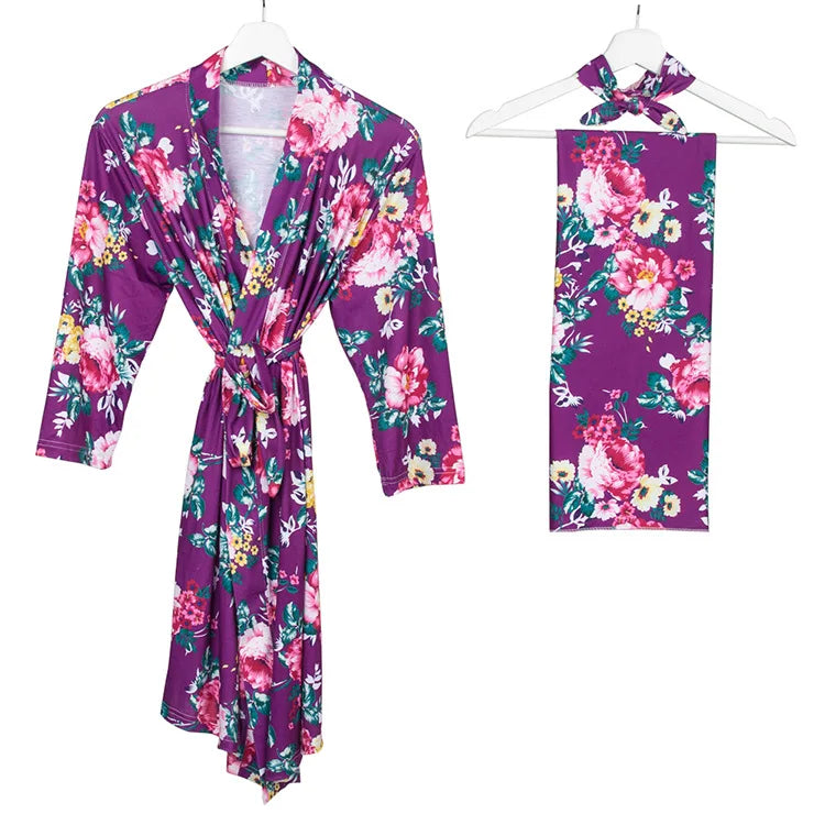 Maternity Robe,Matching Swaddle Set ,Mommy and Me Set, Floral Hospital Robe Bag,Baby Shower Gift,Mama Robe,Baby Girl Blanket