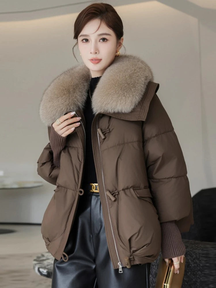 2025 Down Cotton Short Padded Jacket Women Parkas Fur Collar Autumn Winter Thick Coats Female Black Casual Outerwear Clothes
