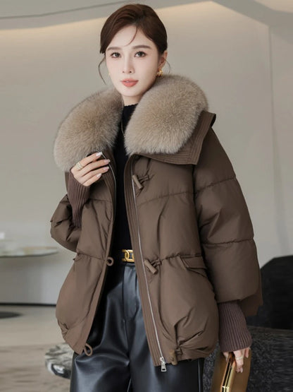 2025 Down Cotton Short Padded Jacket Women Parkas Fur Collar Autumn Winter Thick Coats Female Black Casual Outerwear Clothes