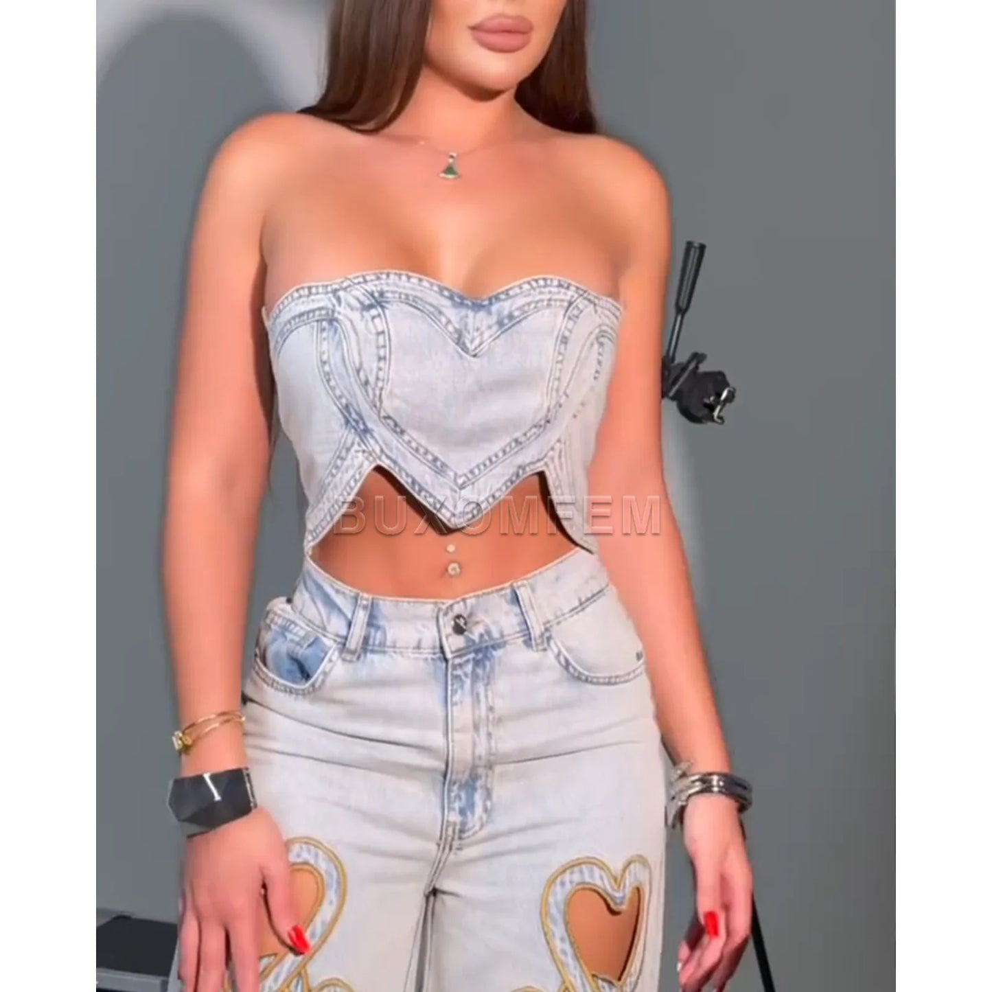 High Waisted Heart-Shaped Hollow Straight Leg Jeans Set Women's Loose Jeans Streewear Stylish Wide Leg Trousers Denim Pants