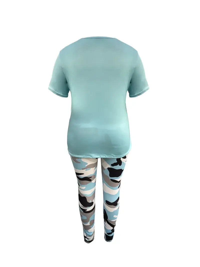 Plus Size Women's Casual Suit, Fashion Letter Print Camouflage Pants Two-Piece Set