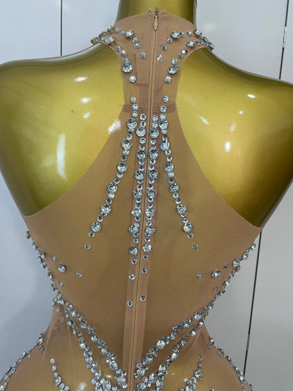STOCK Sparkly Rhinestones Sexy Mesh See Through Dress Party Evening Prom Celebrate Birthday Dress Singer Dancer Show Stage Wear