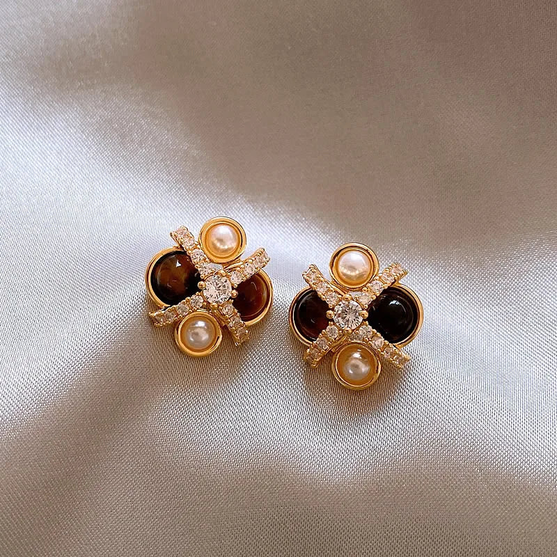 2025 New Design Natural Tiger Eye Stone Micro inlaid Zircon Geometric Earrings for Women's Trendy Jewelry Luxury Accessories