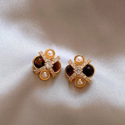 2025 New Design Natural Tiger Eye Stone Micro inlaid Zircon Geometric Earrings for Women's Trendy Jewelry Luxury Accessories