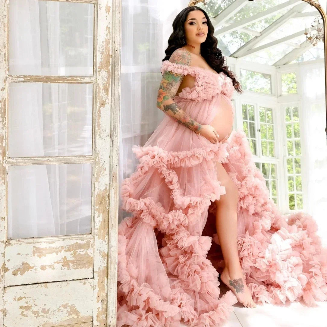 Maternity Dresses Customized Photoshoot Tiered Ruffles Pregnant Women Gowns Baby Shower Off Shoulder Front Slit Bridal Sleepwear