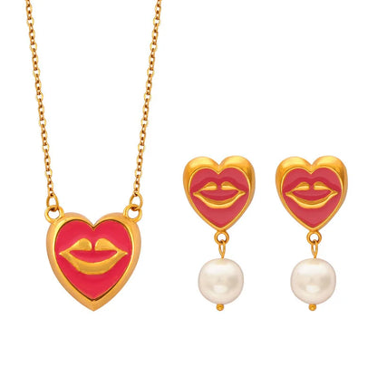 ins Unique Personality Sexy Jewelry Weighted Color Glaze Heart Lip Pendant Titanium Steel Jewelry Set for Women