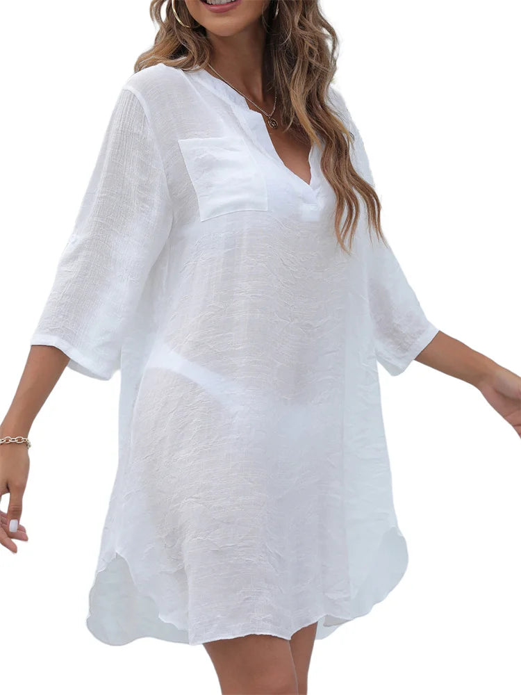 CHRONSTYLE Women Swimsuits Long Sleeve Shirts Mini Dress Bikinis Cover Ups Summer V Neck Solid Color Bathing Suit Cover Ups 2025