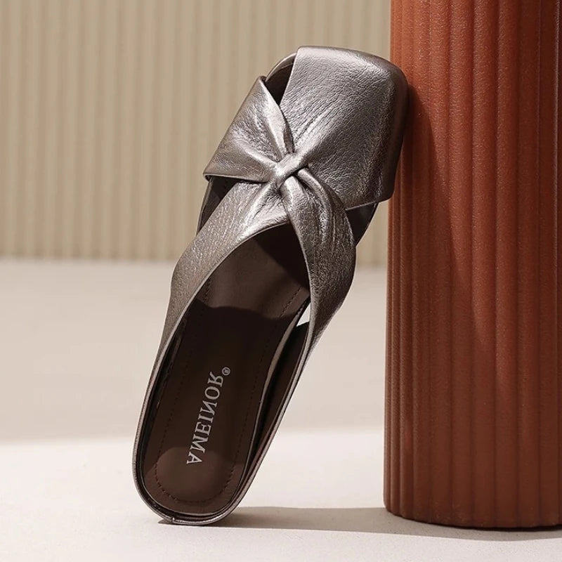 2025 Women Fashionable and Versatile Shoes Brand Slippers Casual and Comfortable Bowknot Casual Leather Slippers