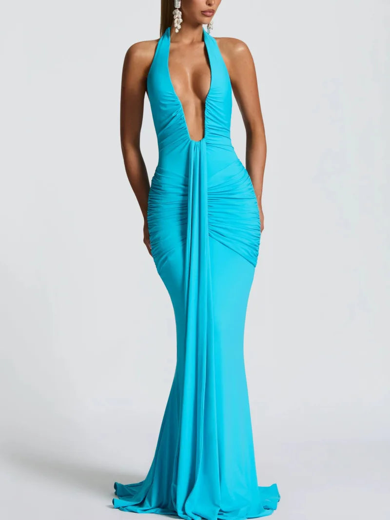Deep V Neck Draped Ruched Sexy Maxi Dress Women Summer Fashion Halter Sleeveless Backless Club Party Long Dress Elegant BM98