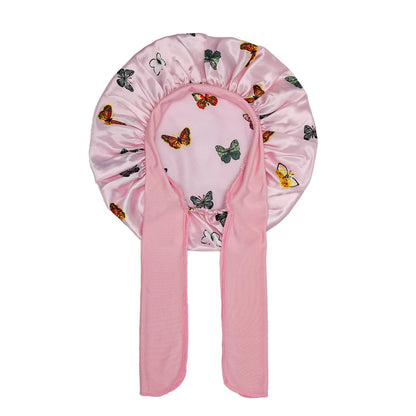 Kids Satin Bonnet Sleep Hat Wide Elastic Band Ribbon Sleeping Cap Boy Girls Flower Printed Silk Shower Cap