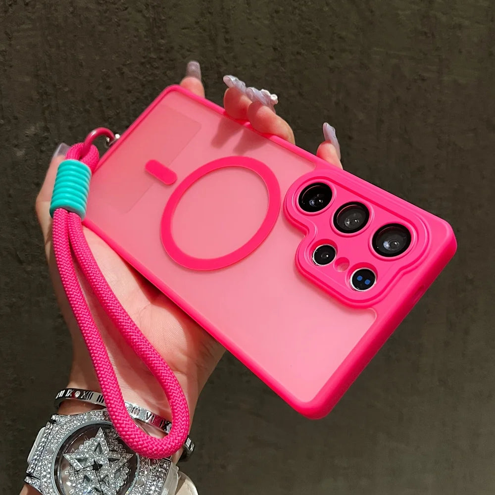 Wrist Strap Cord Magnetic Matte Translucent Armor Case For Samsung S25 Ultra S24 FE S23 Plus For Magsafe Wireless Charge Cover