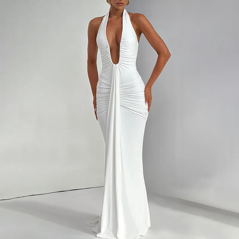 Sexy Deep V-neck Backless Halter Maxi Dresses Women's Sleeveless High Waist Bodycon Pleated Robe 2025 New Evening Party Gown