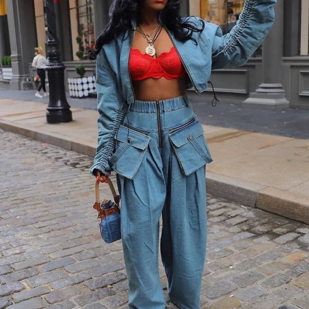 Denim Two Piece Sets Women Coat Jacket Wide Leg Pants Jeans Suits Matching Sets Trousers Outfits 2025/2026 Y2k Streetwear Party